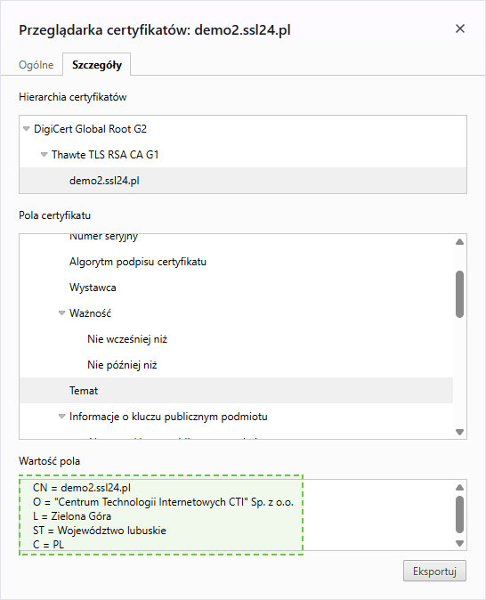 Podgląd danych certyfikatu OV w Google Chrome